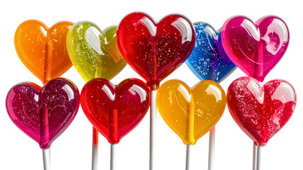 Assortment of brightly colored, translucent heart-shaped lollipops isolated against a crisp transparent background for confectionery design.