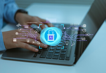 Artificial intelligence cybersecurity concept, businessman using laptop digital lock icon accessing secure data protection AI network  system data encryption cloud computing technology  solution