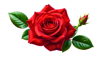 Beautiful Red Rose with Green Leaves on White Background- Stunning red rose in full bloom, showcasing its delicate petals and green leaves against a white background, symbolizing love and elegance.