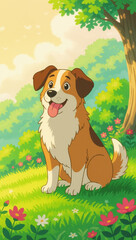 Happy Cartoon Dog Sitting on Green Grass Field with Pink Flowers and Summer Forest Background