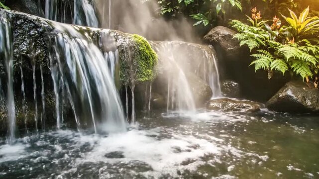 Serene cascading waterfall tumbles over moss covered rocks into a clear natural pool surrounded by lush tropical greenery light.