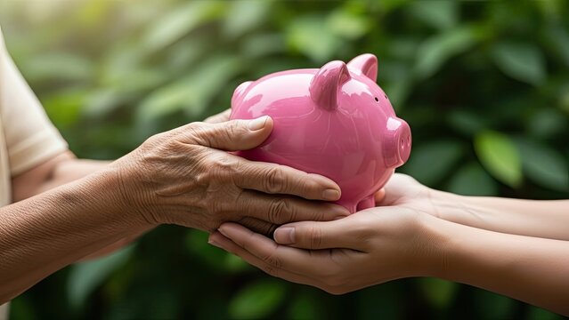 Elderly persons hands passing a pink piggy bank to younger hands, symbolizing financial inheritance and savings transfer.