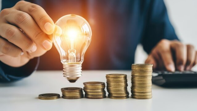 Businessman holding a glowing light bulb over stacks of coins, symbolizing innovative financial growth and smart investment strategies.