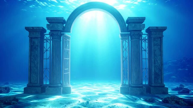 Sunlight pierces the clear ocean waters framing architectural ruins with an archway underwater on the sandy seabed, peaceful and surreal