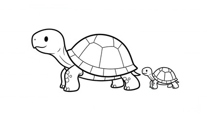 Two cartoon turtles, a large one and a small one, walking side by side.
