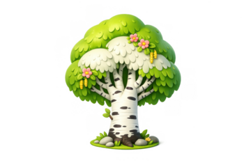 Charming cartoon birch tree with colorful blossoms on a lush grass setting for nature illustration