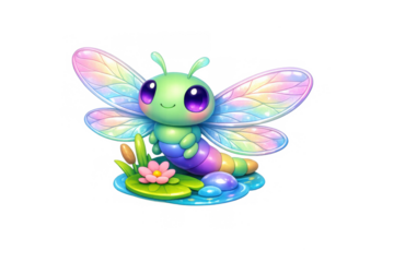 Colorful fantasy insect with glowing wings in magical pond setting for children's illustration