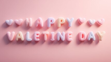 Pastel-colored marshmallow letters spell out 'Happy Valentine Day' on a soft pink background.