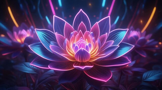 Futuristic neon floral bloom abstract motion background | Digital cyberpunk floral concept glowing flower