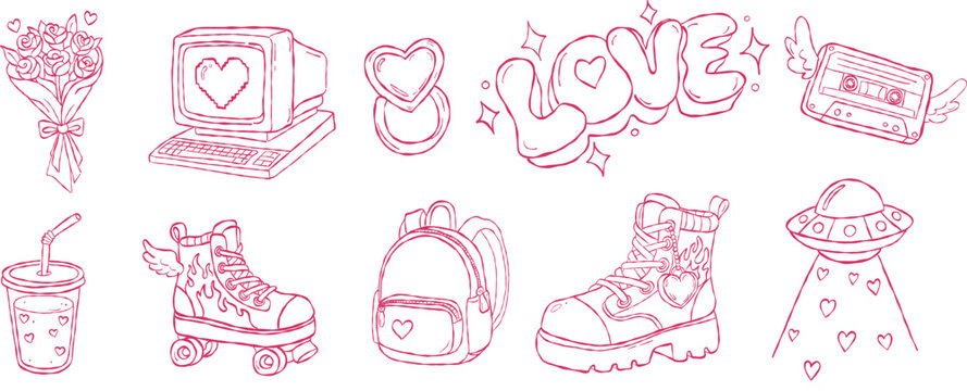 Cute Y2K valentine hand drawn vector line art set with retro computer roller skates and ufo for boho aesthetic grunge wall art illustration print design