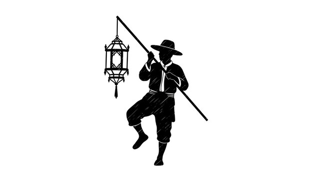 Man Holding Lantern and Long Stick.