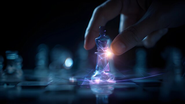 Hand is moving a clear chess pawn piece on a dark surface with a glowing, interconnected network pattern. Digital Knight Chess pieces board glowing, blue wireframe models. 