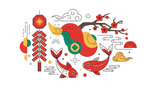 Vibrant Chinese New Year Illustration with Koi Fish.