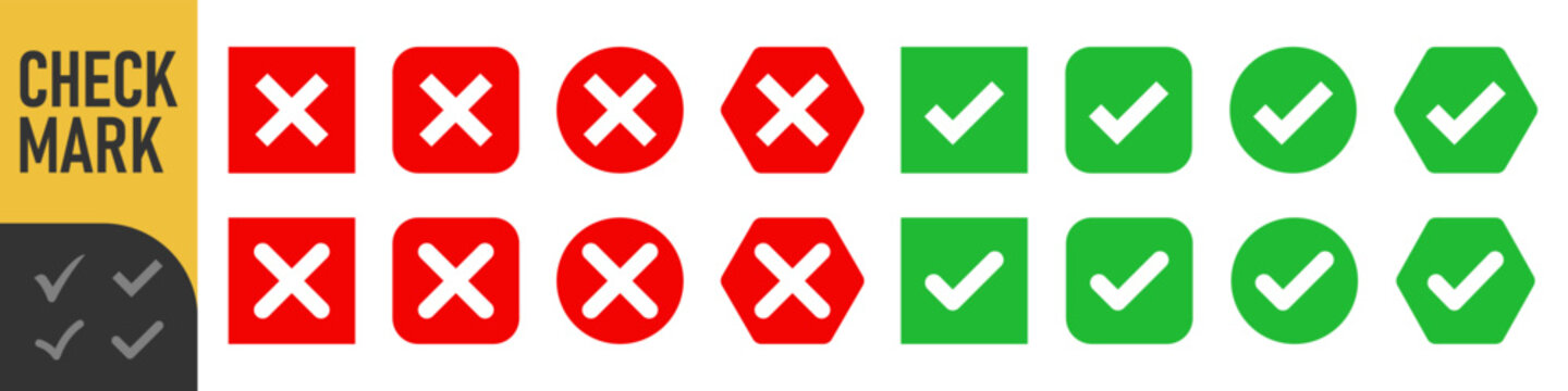 check mark icon button set. check box icon with right and wrong buttons and yes or no checkmark icons in green tick box and red cross. vector illustration