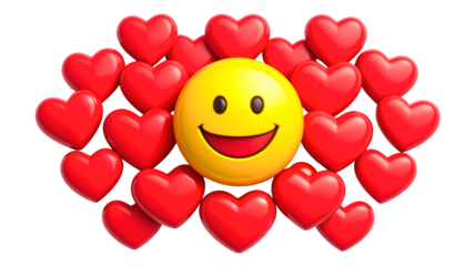 Joyful yellow emoji face surrounded by vibrant red hearts expressing love and happiness isolated on transparent background
