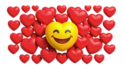 Joyful yellow emoji face surrounded by vibrant red hearts expressing love and happiness isolated on transparent background