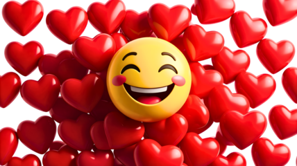 Joyful yellow emoji face surrounded by vibrant red hearts expressing love and happiness isolated on transparent background