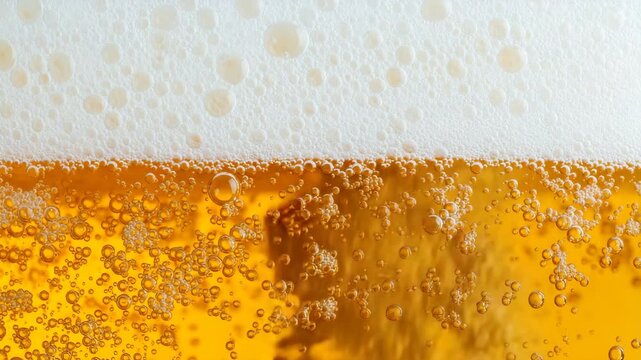 Close-up of golden beer with effervescent bubbles and a thick, frothy white head, creating a refreshing and inviting texture.