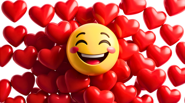 Joyful yellow emoji face surrounded by vibrant red hearts expressing love and happiness isolated on transparent background - Powered by Adobe