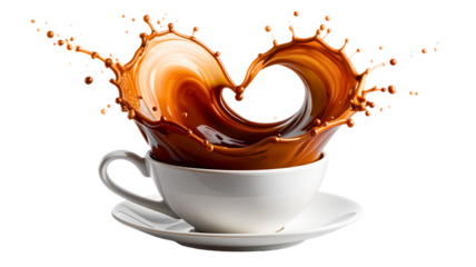 Rich creamy brown beverage splashes dramatically from a white cup forming a perfect love heart shape high above the rim