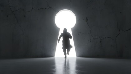 Obraz premium A silhouette of a businessman in a suit standing in a dark doorway shaped like a keyhole looking toward the light as a concept of success and an open exit from the room