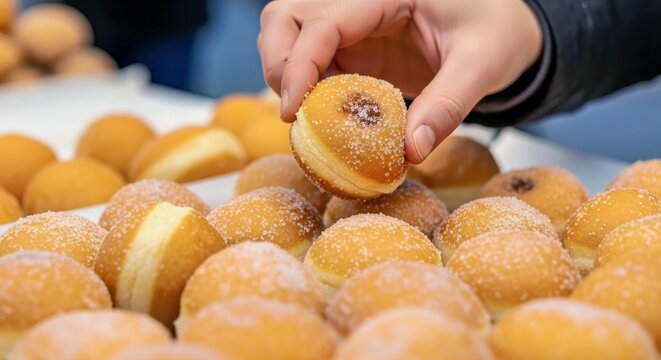 Joyful Croatian Fritule Doughnuts Dusted with Powdered Sugar at a Lively Market Stall