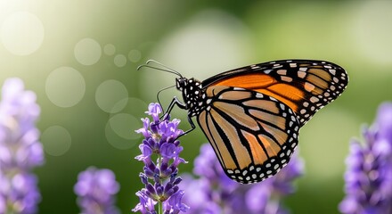 Obraz premium A monarch butterfly feeds on nectar from a purple flower in a lush green garden viewed from a slight angle