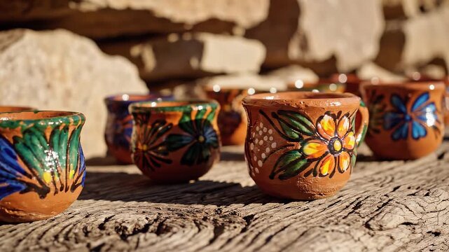 Colorful handmade Mexican Talavera pottery collection sitting on a rustic wood surface