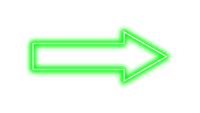 Right pointing green vector arrow with neon glow effect. Bright luminous glowing arrow sign indicates right direction, modern and futuristic design element.
