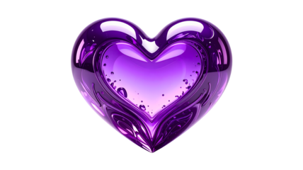Heart shaped purple glass with romantic transparent design glossy surface and delicate decorative object isolated on white background