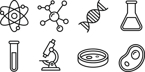 Black line icons collection science chemistry biology and laboratory tools
