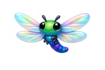 Cute cartoon dragonfly with colorful wings on gradient background for children's illustration
