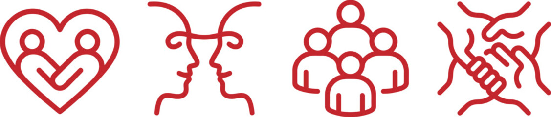 Red line icons set representing community health care and connection