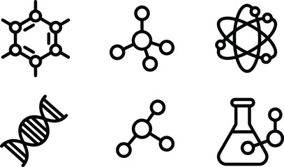 Science and medicine icons set showing molecular structures and research tools
