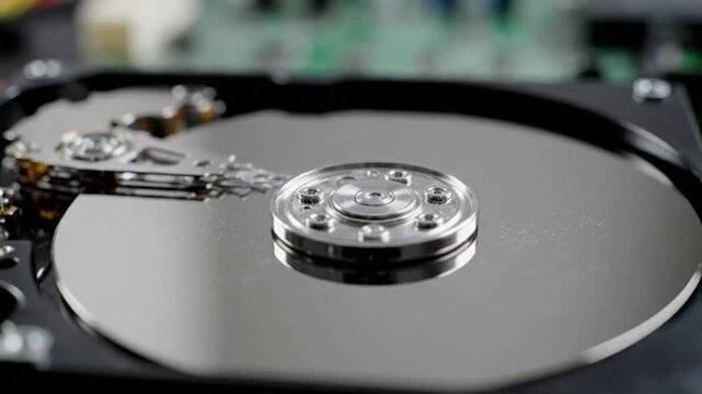 Close-up view of a hard disk drive interior showcasing the spinning platter and read-write head assembly