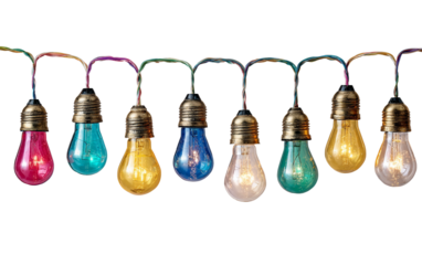 Festive multicolor bulb string designed for decorative illumination and interior styling isolated on transparent background PNG
