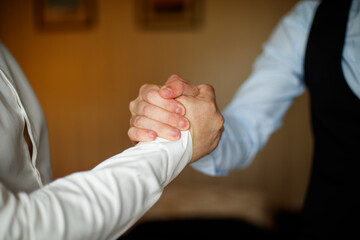 Business people, handshake and corporate deal with support for b2b merger, teamwork or hiring. Partnership, welcome and greeting for promotion interview or investment meeting, approval or networking