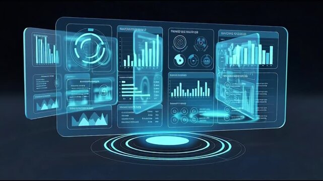 Futuristic data visualization dashboard displaying various charts and graphs on a digital interface with a modern aesthetic
