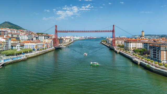Aerial View of Vizcaya Bridge and Nervion River in Portugalete Spain