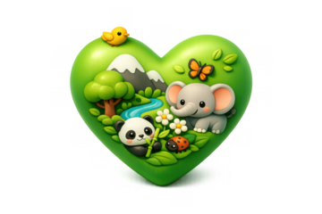 Nature heart icon featuring panda, elephant, and scenic landscape for eco-friendly designs