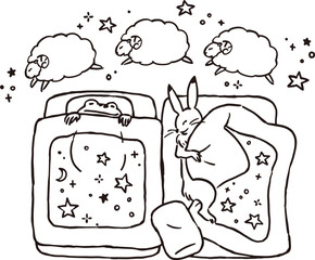 2027年　年賀状　鳥獣戯画　うさぎとカエルが羊を数えながら眠るイラストレーション