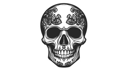 Detailed Illustration of Human Skull with Flowers.
