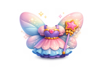 Magical fairy dress with pastel wings and star wand for fantasy illustration design