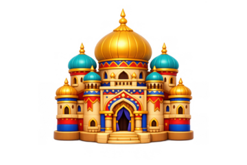 Colorful ornate palace illustration with golden domes and turquoise towers for design