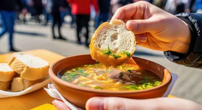 Lively Fisherman's Soup Candid Bowl Served at a Festival in Bright Sunlight with Bread