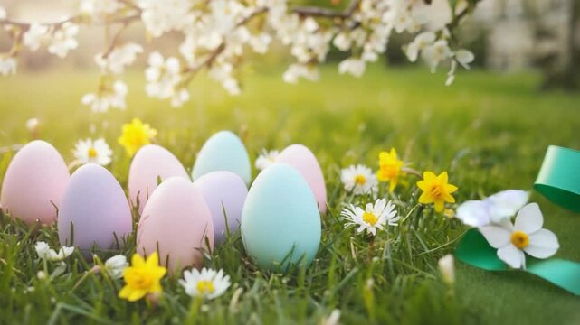Easter Eggs in Bloom: A pastel-colored collection of Easter eggs rests serenely amidst a bed of blossoming spring flowers and lush green grass, evoking the fresh vitality of the season.