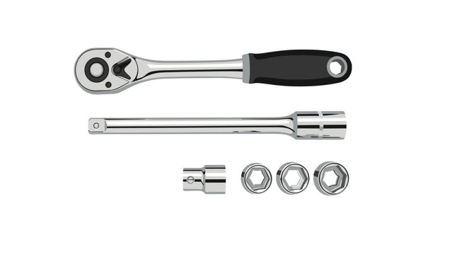 A professional chrome ratchet wrench with various interchangeable sockets and an extension bar, essential tools for mechanical work and repairs.