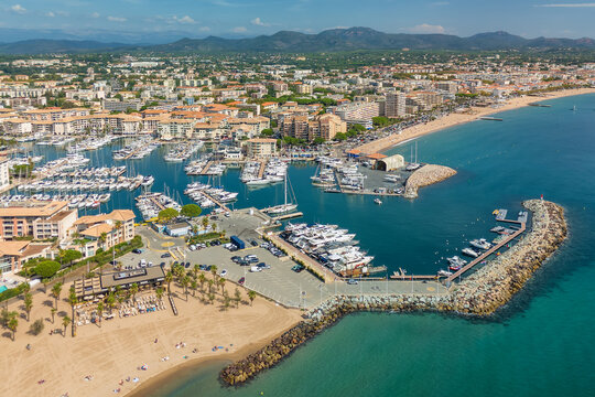 Aerial view of the Sainte-Raphael resort town on the French Riviera coast