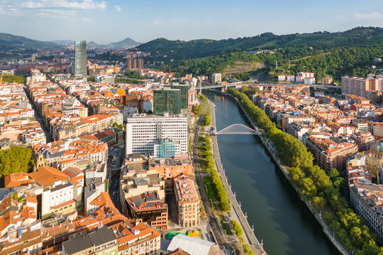 Aerial view of the Nervion River and Zubizuri Bridge in Bilbao