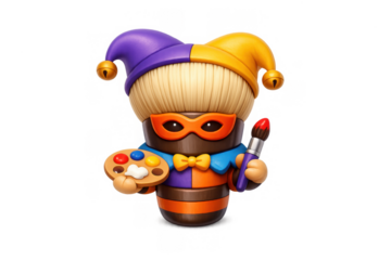Colorful jester painter with palette and brush – playful art character illustration for creative design